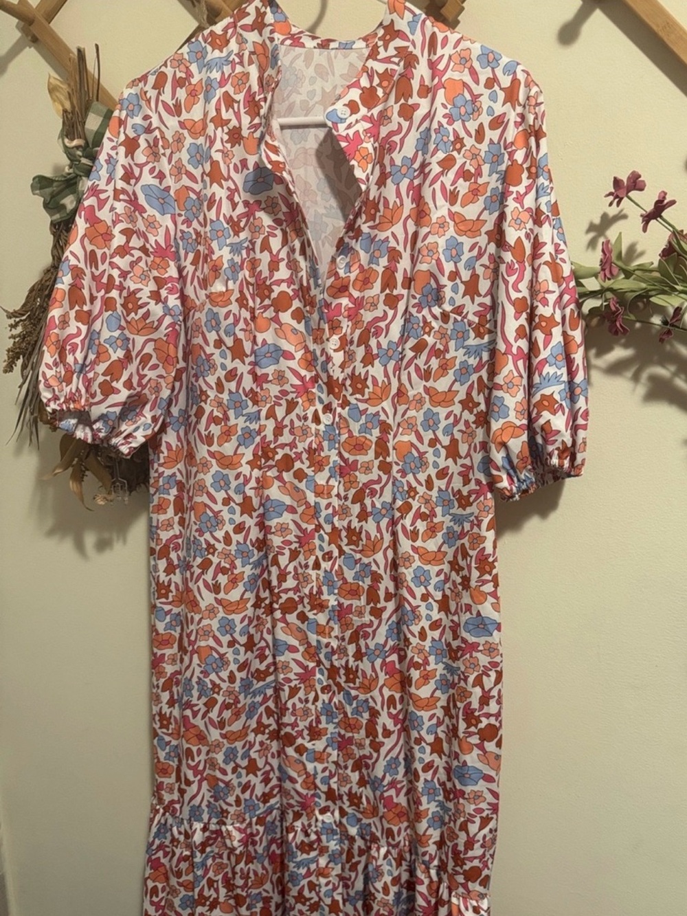 SHEIN White Midi Dress with Orange & Light Blue Floral Print
